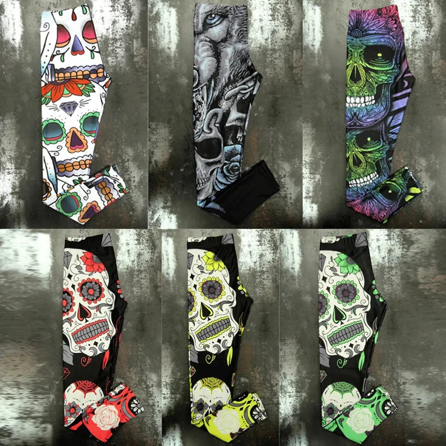 LI-FI Ornamental Skull Leggings Women Yoga Pants Gym Leggings Fitness Sports Wear Elastic Tight Yoga Leggings