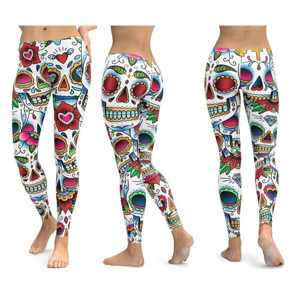 LI-FI Ornamental Skull Leggings Women Yoga Pants Gym Leggings Fitness Sports Wear Elastic Tight Yoga Leggings
