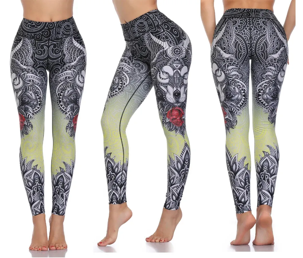 LI-FI Ornamental Skull Leggings Women Yoga Pants Gym Leggings Fitness Sports Wear Elastic Tight Yoga Leggings