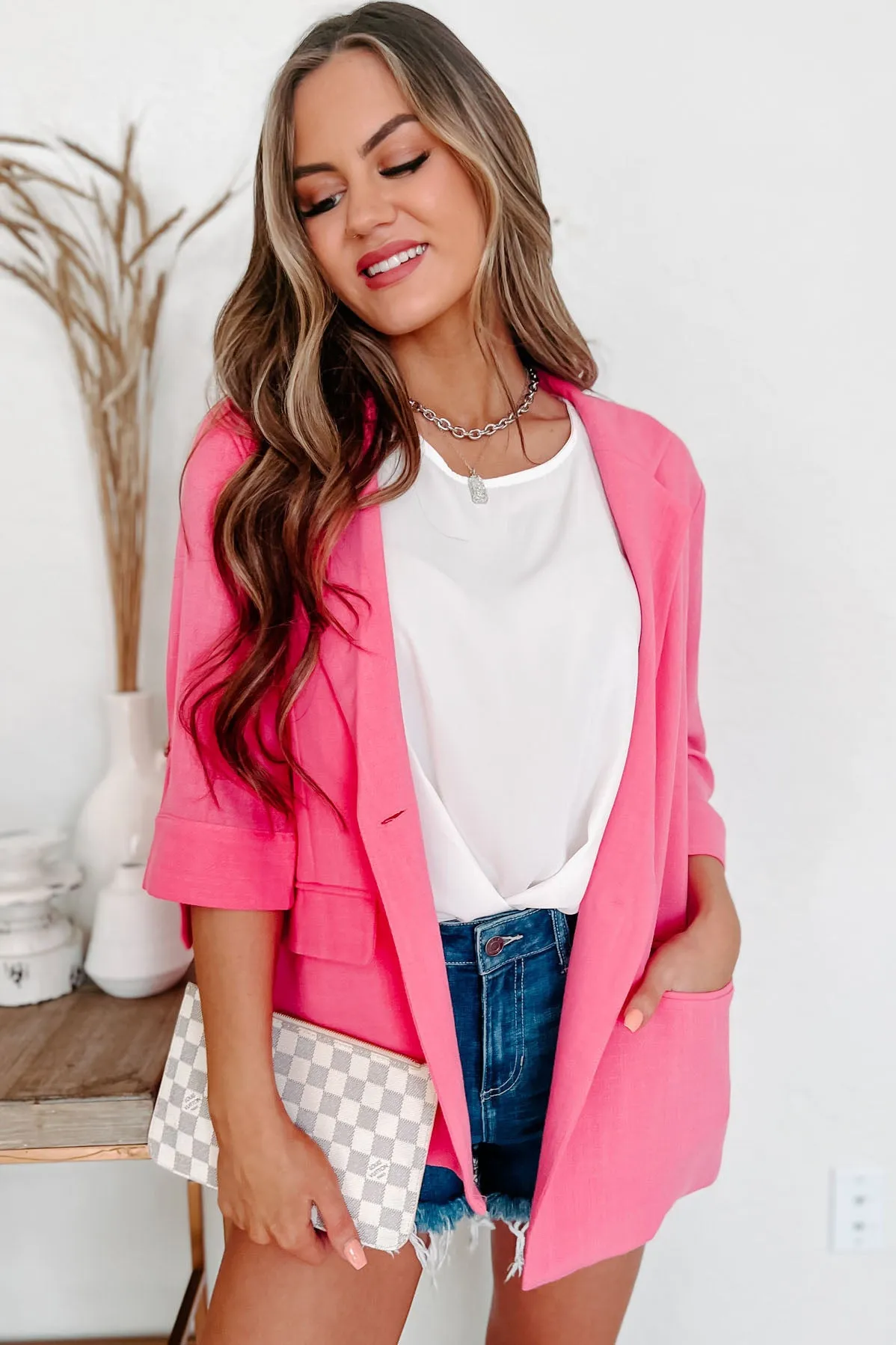 Made A Good Impression Linen 3/4 Sleeve Blazer (Hot Pink)