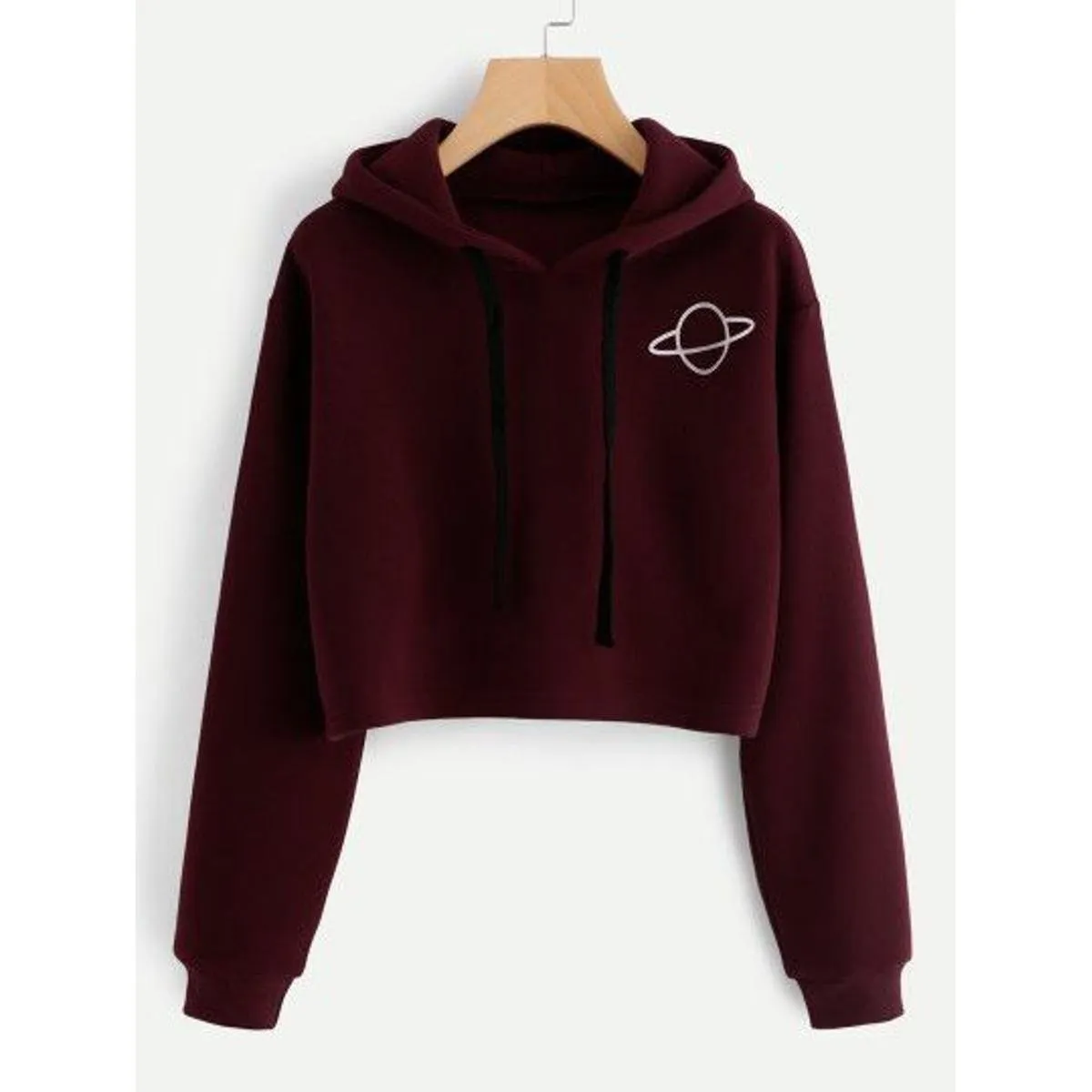Maroon Planet Printed Fleece Full Sleeves Cropped Pull Over Hoodie For Women
