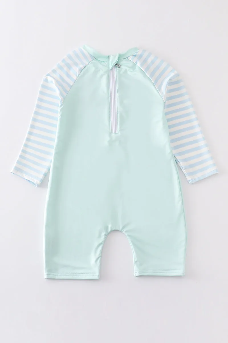 Mint sailboat embroidery boy one-piece rashguard swimsuit