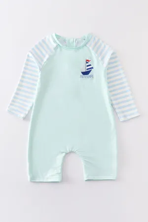 Mint sailboat embroidery boy one-piece rashguard swimsuit