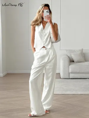 Mnealways18 White Elegant Cotton Pants Sets Two Pieces Women Linen Blazers Tops And Wide Legs Pants Summer  Office Ladies