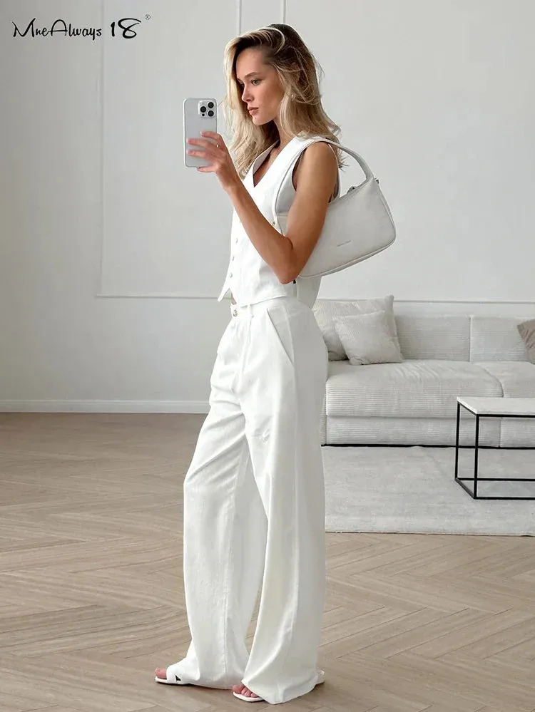 Mnealways18 White Elegant Cotton Pants Sets Two Pieces Women Linen Blazers Tops And Wide Legs Pants Summer  Office Ladies