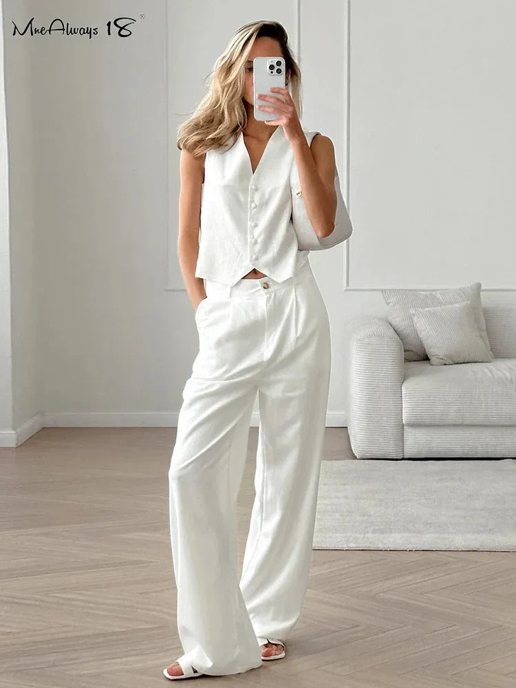 Mnealways18 White Elegant Cotton Pants Sets Two Pieces Women Linen Blazers Tops And Wide Legs Pants Summer  Office Ladies