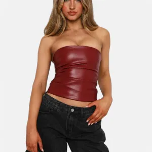 Monacogents | Women's Leather Strapless Pleated Top