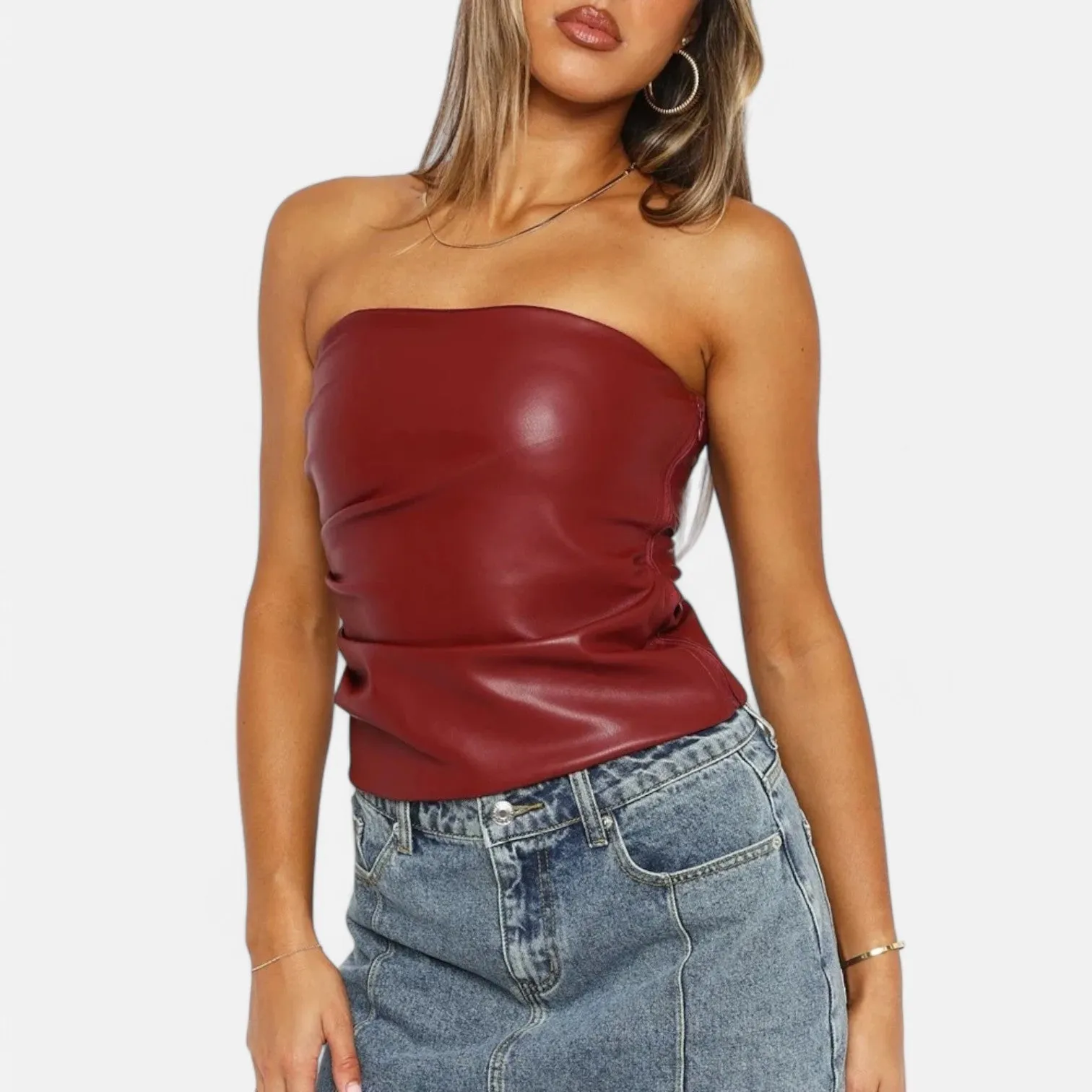 Monacogents | Women's Leather Strapless Pleated Top