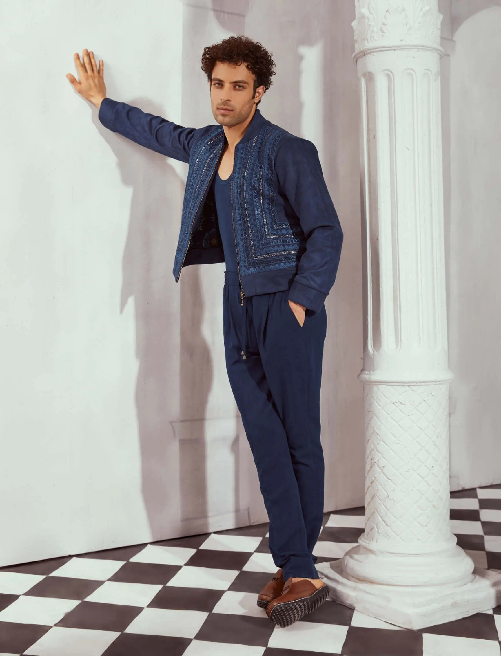 Navy blue pleated trousers