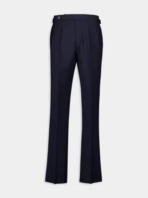 Navy Blue Regular Fit Pleated Wool Trousers