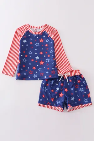 Navy Patriotic star print rashguard boy 2pc swimsuit
