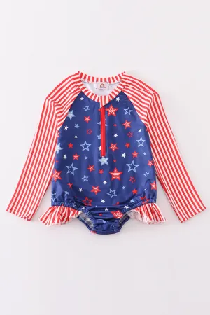 Navy Patriotic star print rashguard girl swimsuit