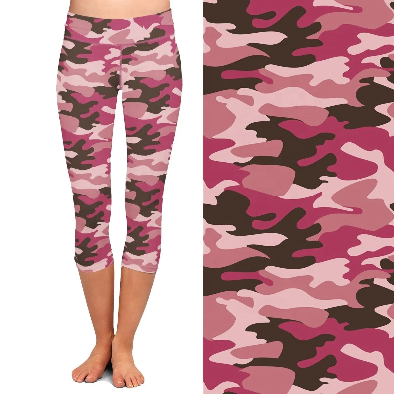 Pink Camo Capri  Leggings with Pocket on Left Side