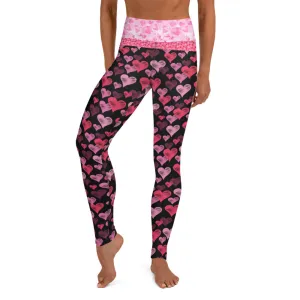 Pink Hearts on Black - Valentine's Day - Yoga Leggings
