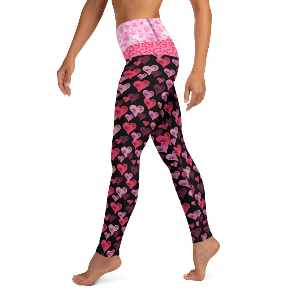 Pink Hearts on Black - Valentine's Day - Yoga Leggings