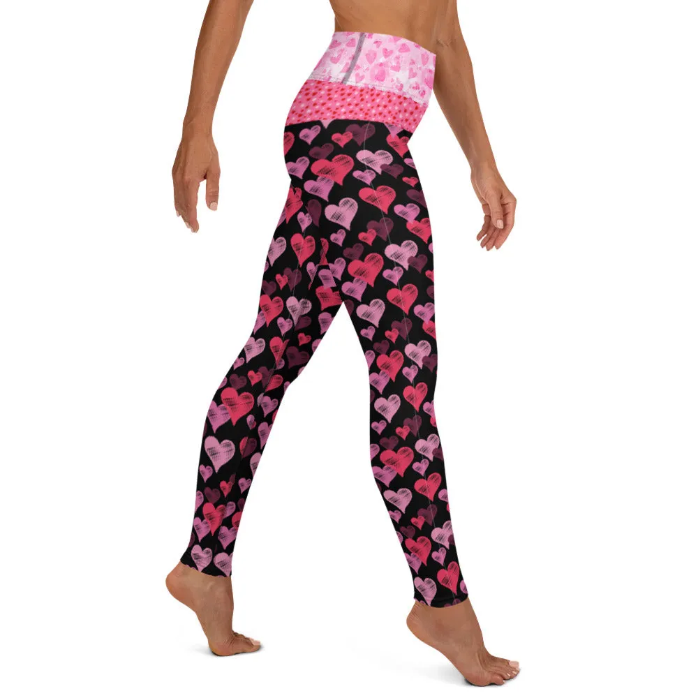 Pink Hearts on Black - Valentine's Day - Yoga Leggings