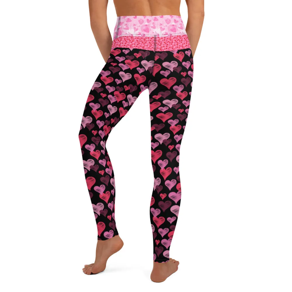 Pink Hearts on Black - Valentine's Day - Yoga Leggings