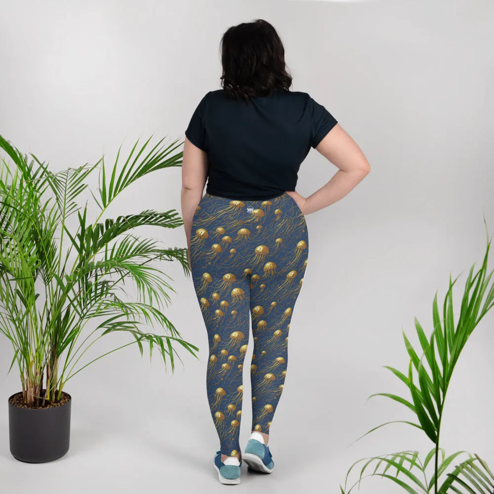 Plus Size Leggings - Blue and Gold Jellyfishes