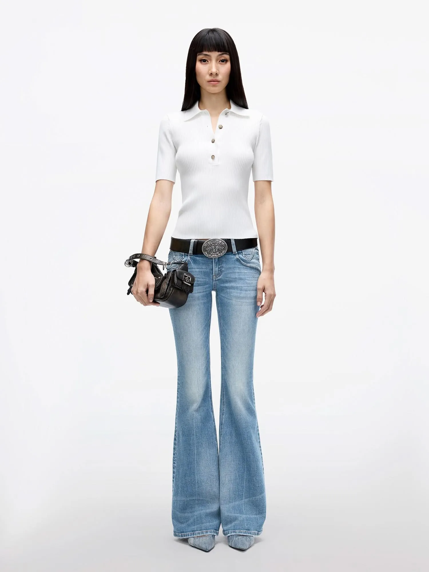 Polo Collar Cropped Knit Top