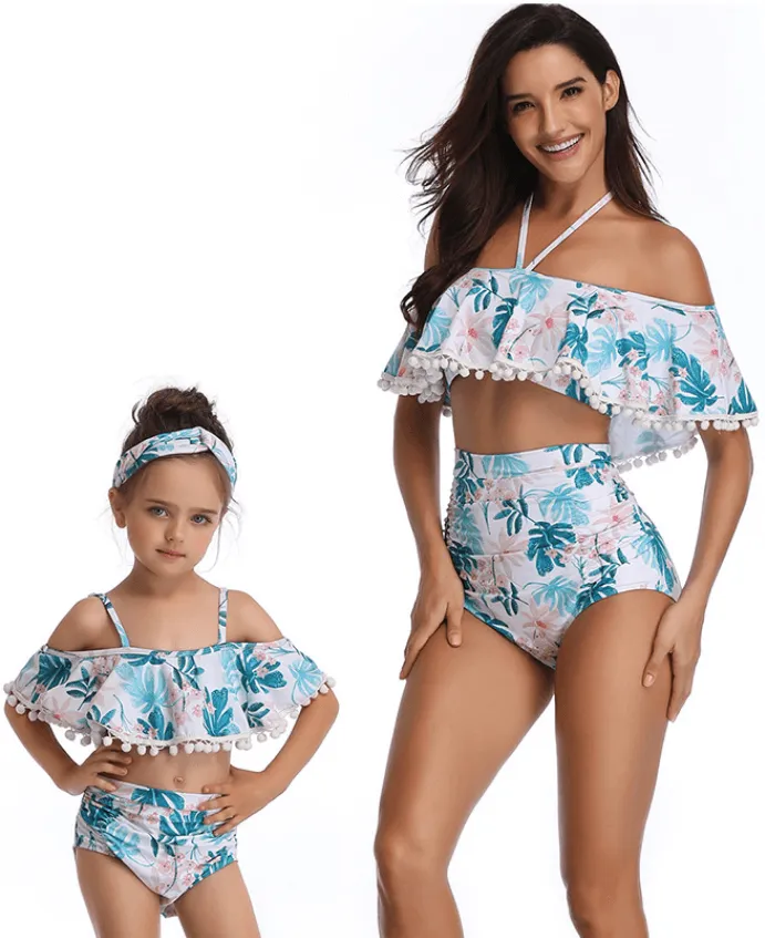 Pom-Pom Hem Off Shoulder Mommy And Me Bikinis