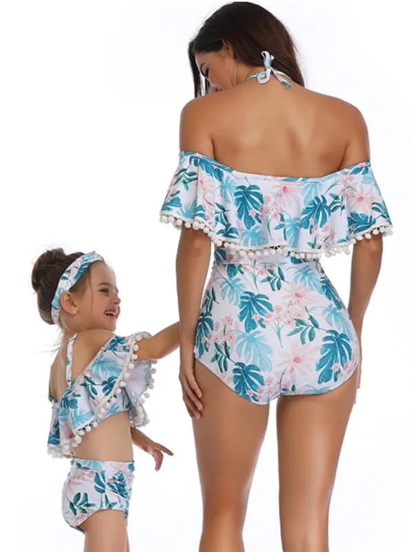 Pom-Pom Hem Off Shoulder Mommy And Me Bikinis