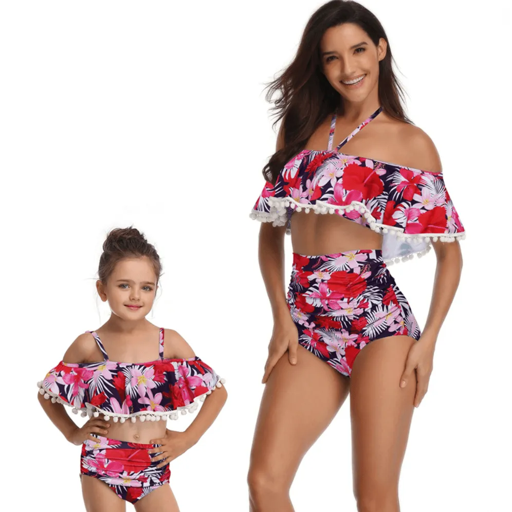 Pom-Pom Hem Off Shoulder Mommy And Me Bikinis