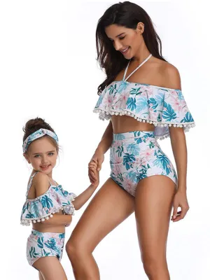 Pom-Pom Hem Off Shoulder Mommy And Me Bikinis