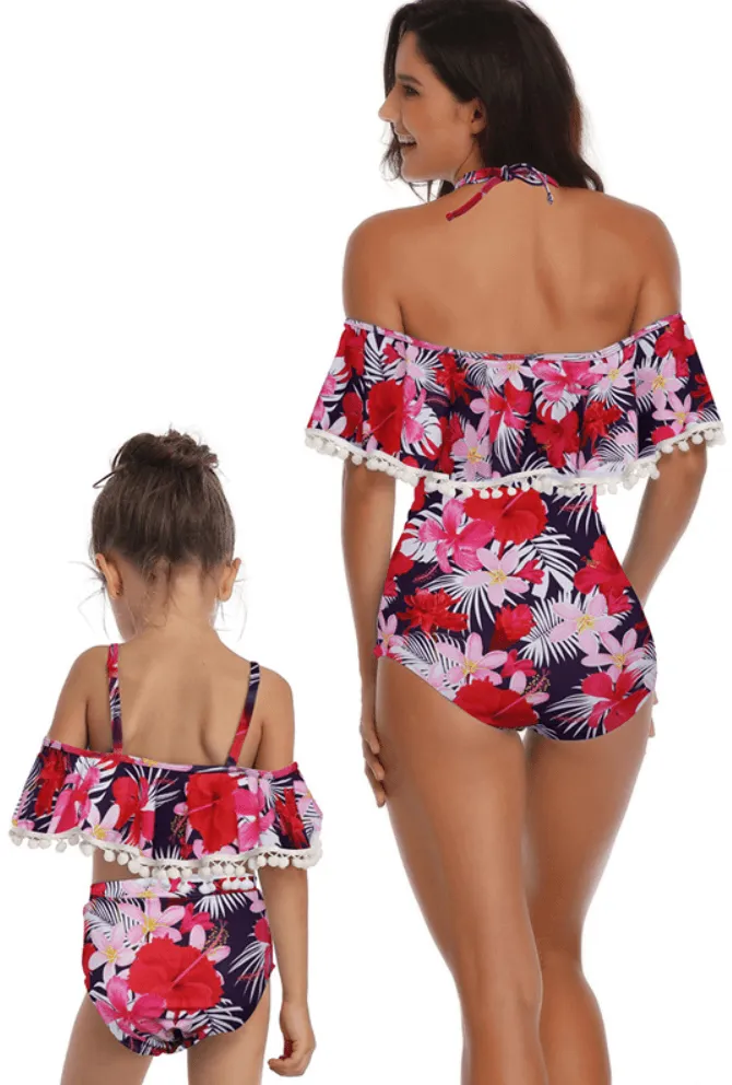 Pom-Pom Hem Off Shoulder Mommy And Me Bikinis