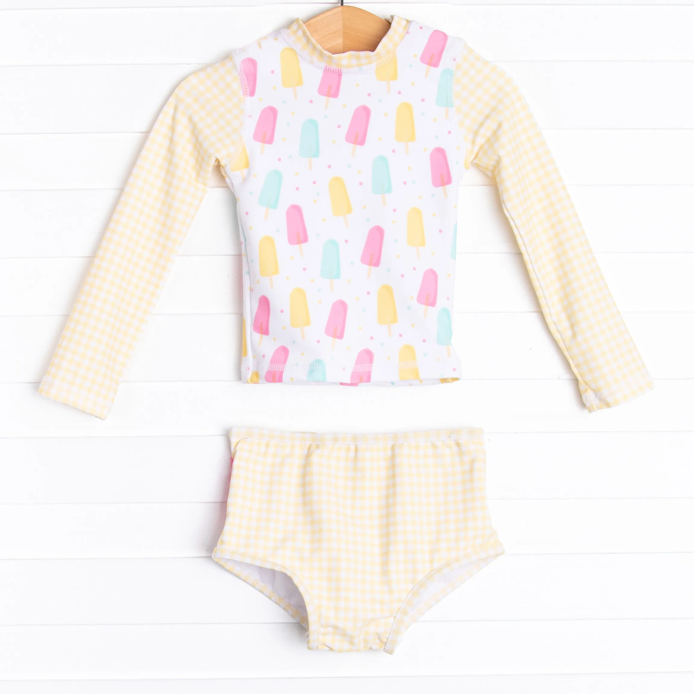 Popsicle Polka Dots Long Sleeve Rash Guard Bikini, Yellow