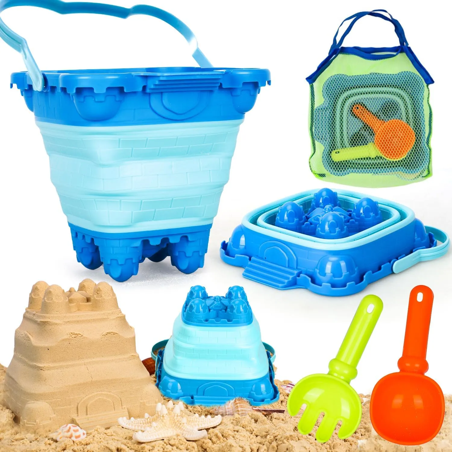 Portable Kids Beach Toy Set with Collapsible Sand Bucket, Shovel & Foldable Sandbox - Compact Travel Essentials for Ages 3-10