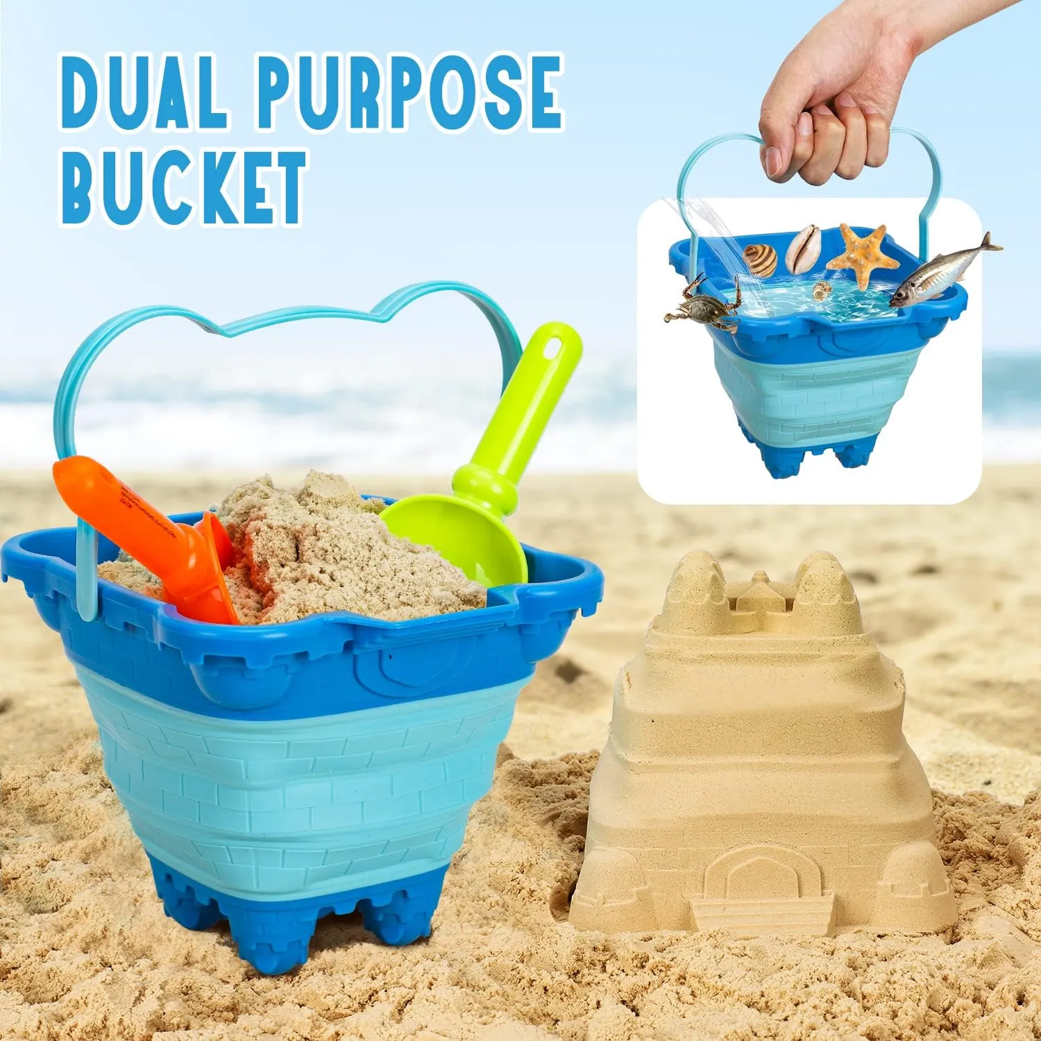 Portable Kids Beach Toy Set with Collapsible Sand Bucket, Shovel & Foldable Sandbox - Compact Travel Essentials for Ages 3-10