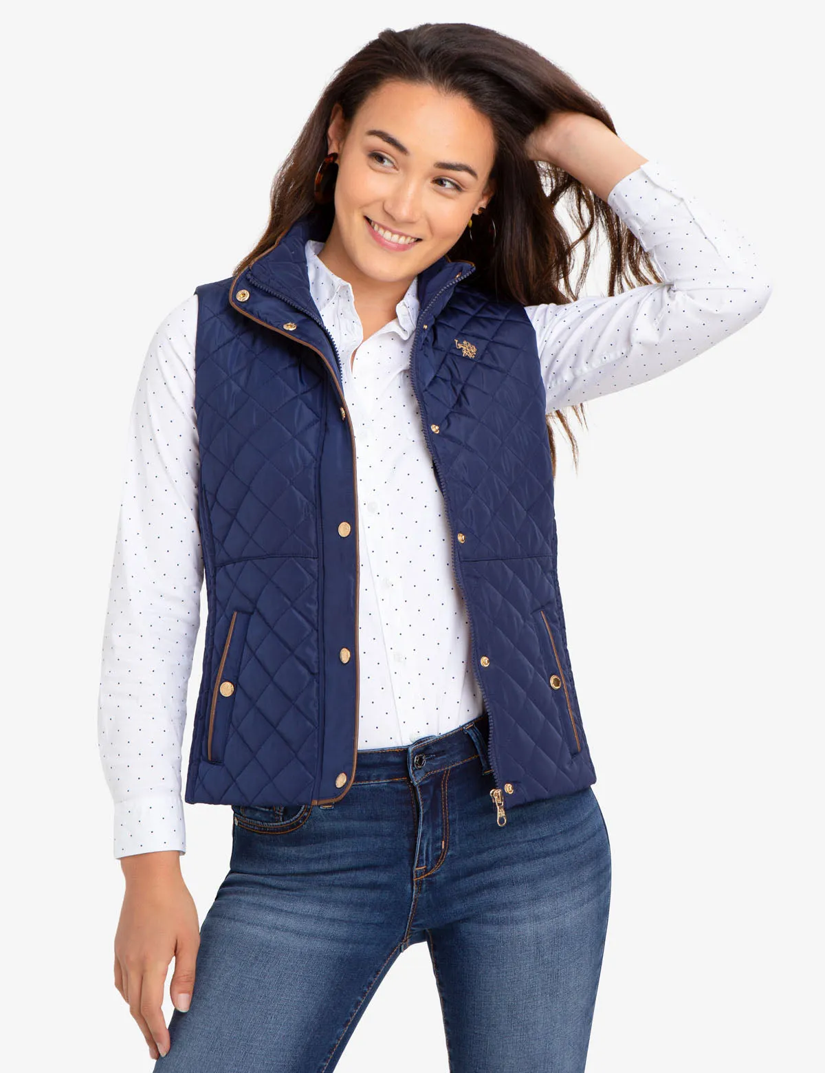 QUILTED VEST WITH FAUX LEATHER PIPING