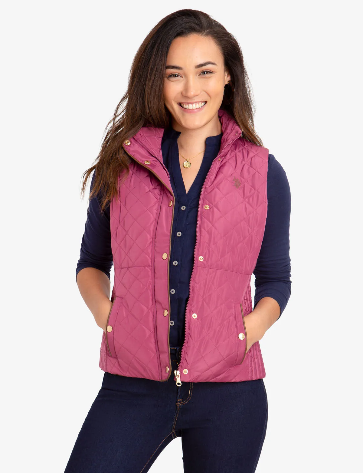 QUILTED VEST WITH FAUX LEATHER PIPING