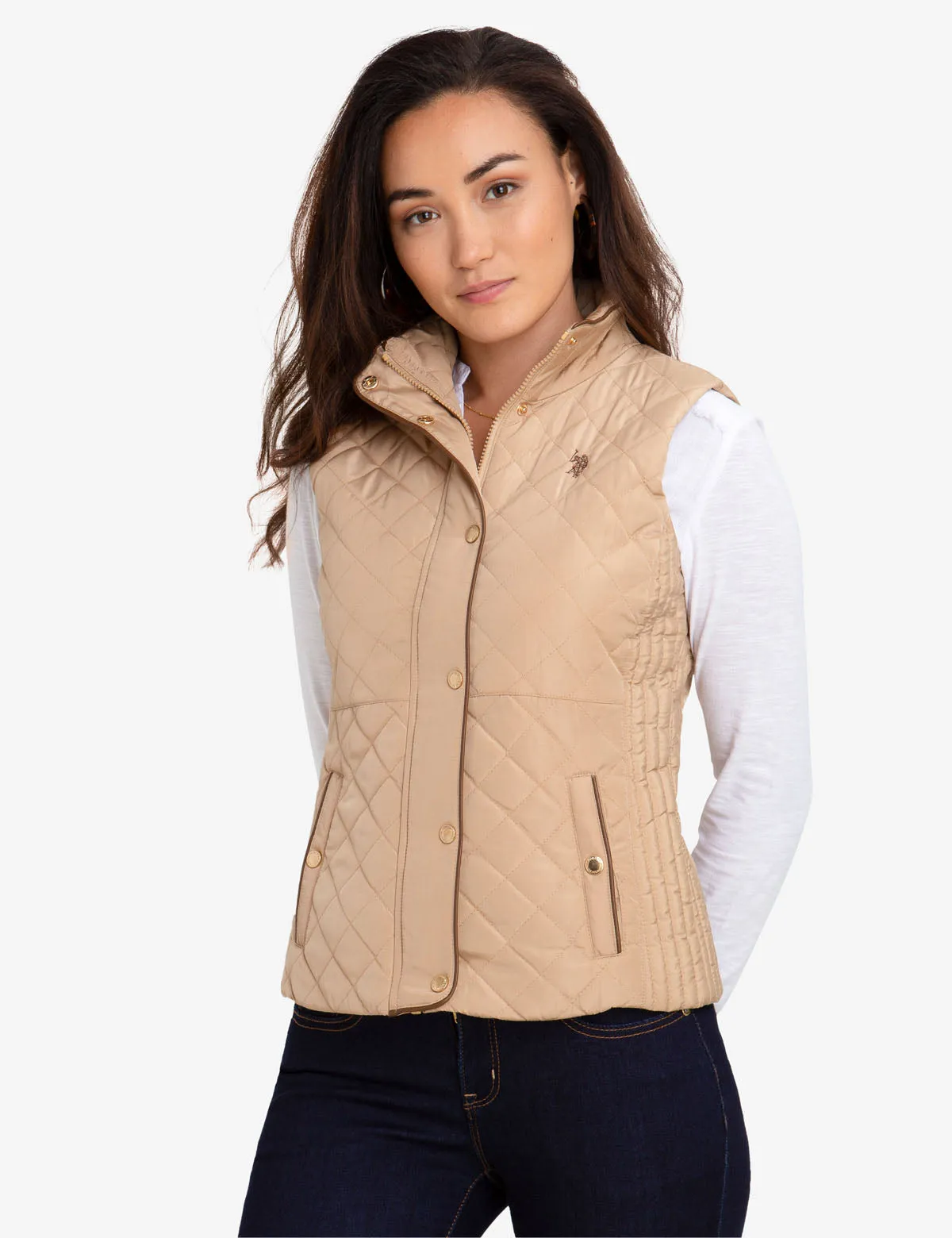 QUILTED VEST WITH FAUX LEATHER PIPING