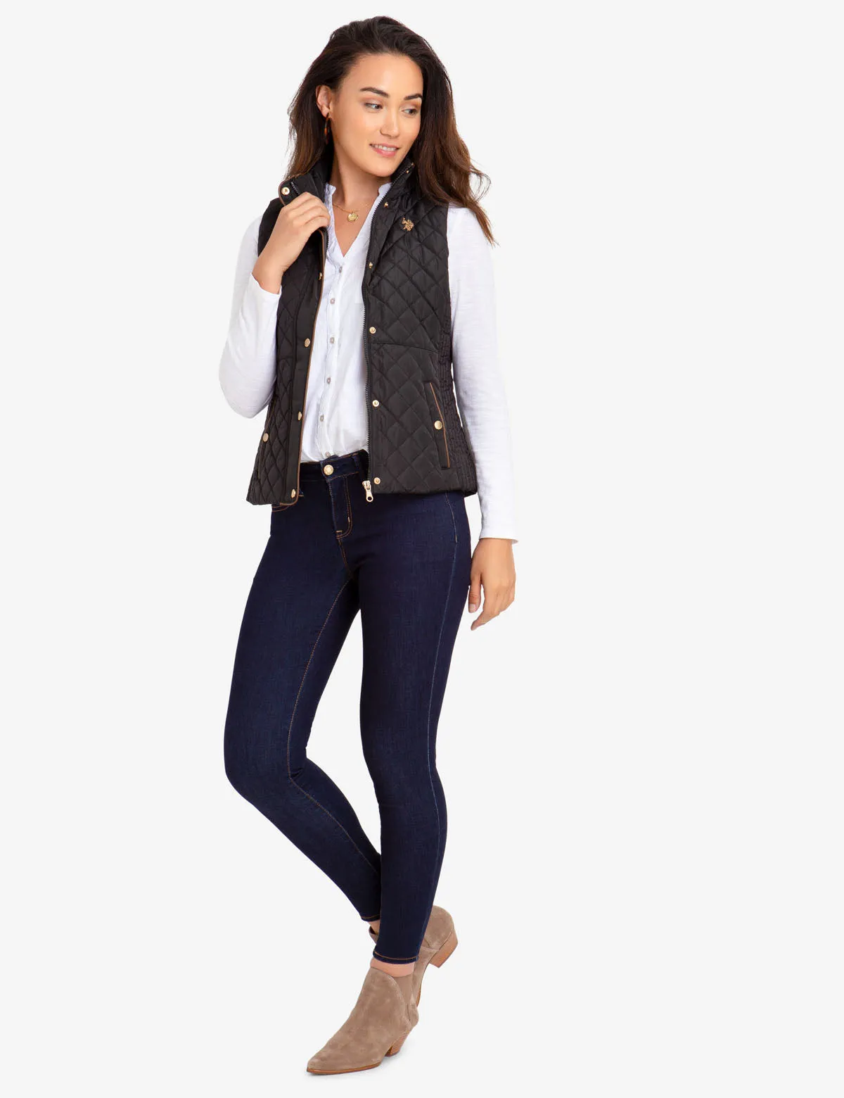 QUILTED VEST WITH FAUX LEATHER PIPING