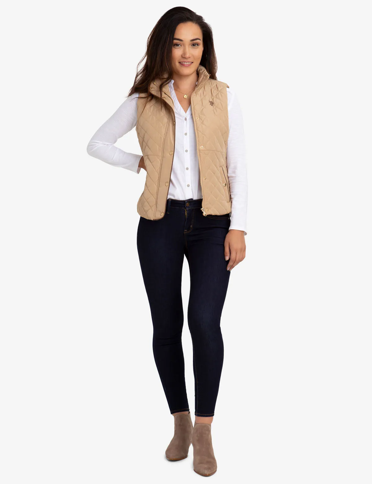 QUILTED VEST WITH FAUX LEATHER PIPING