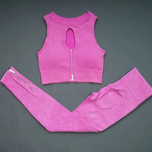 Retro Seamless Women's Yoga Set - Half Zipper Crop Top Bra and High Waist Leggings
