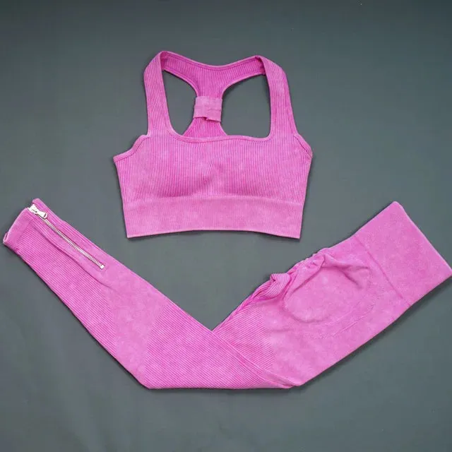 Retro Seamless Women's Yoga Set - Half Zipper Crop Top Bra and High Waist Leggings