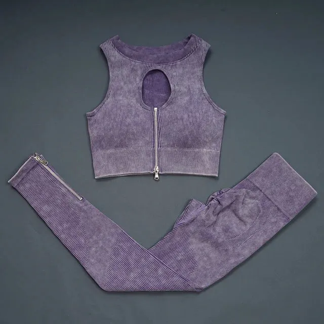 Retro Seamless Women's Yoga Set - Half Zipper Crop Top Bra and High Waist Leggings