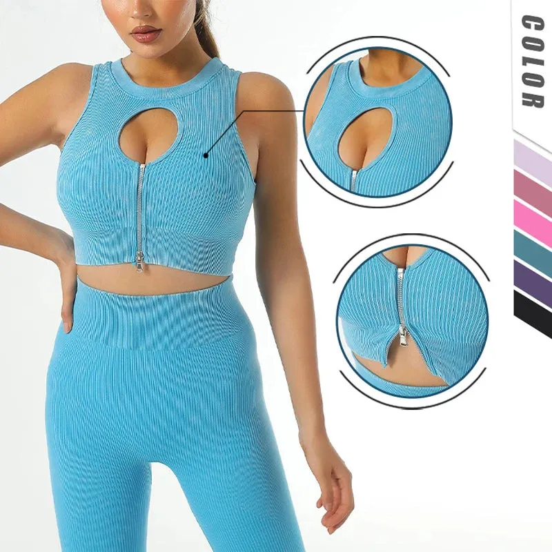 Retro Seamless Women's Yoga Set - Half Zipper Crop Top Bra and High Waist Leggings