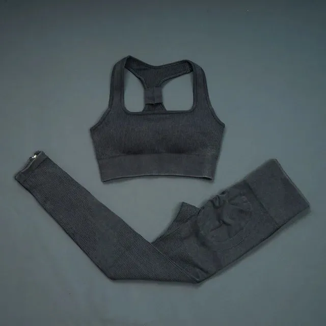 Retro Seamless Women's Yoga Set - Half Zipper Crop Top Bra and High Waist Leggings