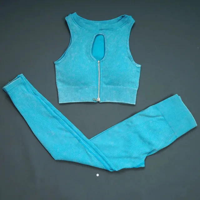 Retro Seamless Women's Yoga Set - Half Zipper Crop Top Bra and High Waist Leggings