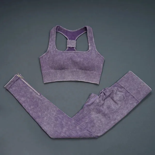 Retro Seamless Women's Yoga Set - Half Zipper Crop Top Bra and High Waist Leggings
