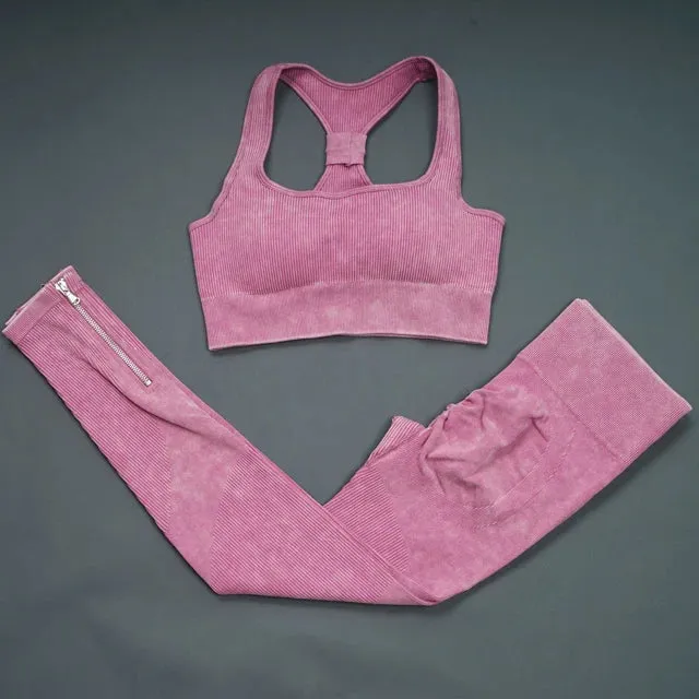 Retro Seamless Women's Yoga Set - Half Zipper Crop Top Bra and High Waist Leggings