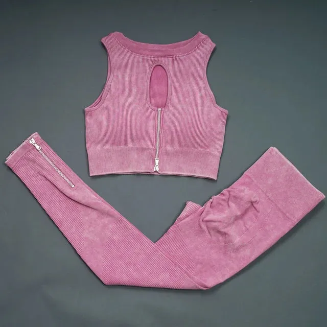 Retro Seamless Women's Yoga Set - Half Zipper Crop Top Bra and High Waist Leggings