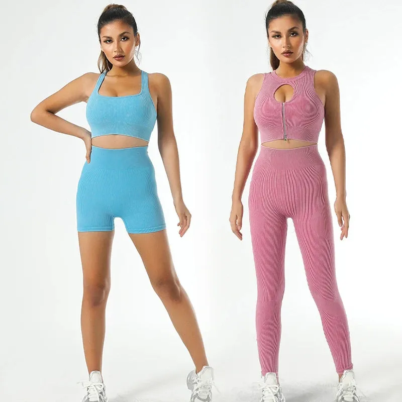 Retro Seamless Women's Yoga Set - Half Zipper Crop Top Bra and High Waist Leggings
