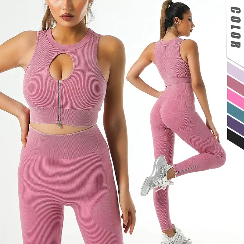 Retro Seamless Women's Yoga Set - Half Zipper Crop Top Bra and High Waist Leggings