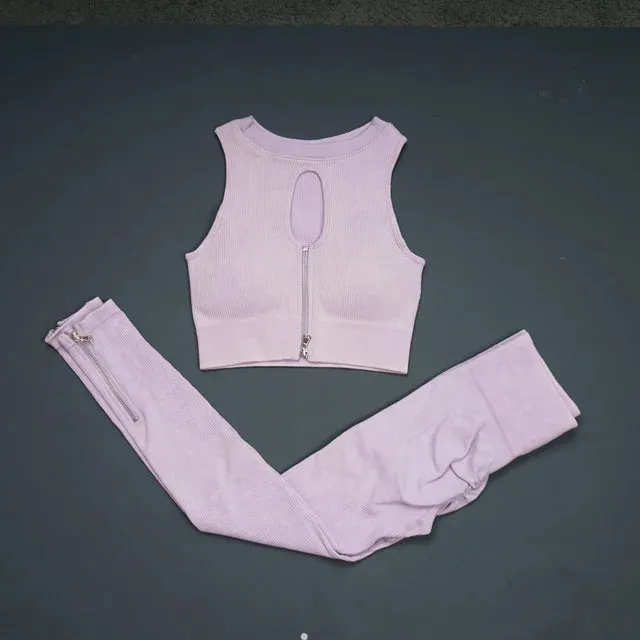 Retro Seamless Women's Yoga Set - Half Zipper Crop Top Bra and High Waist Leggings