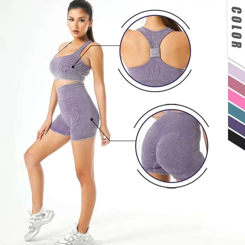 Retro Seamless Women's Yoga Set - Half Zipper Crop Top Bra and High Waist Leggings