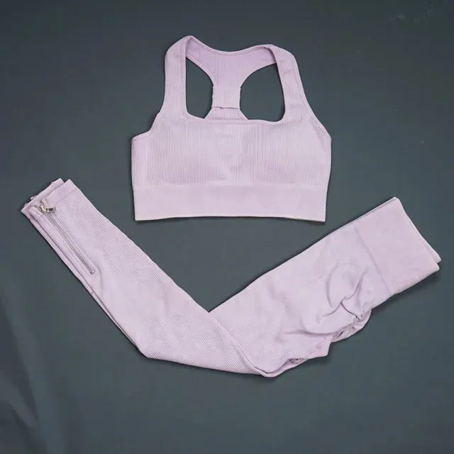Retro Seamless Women's Yoga Set - Half Zipper Crop Top Bra and High Waist Leggings